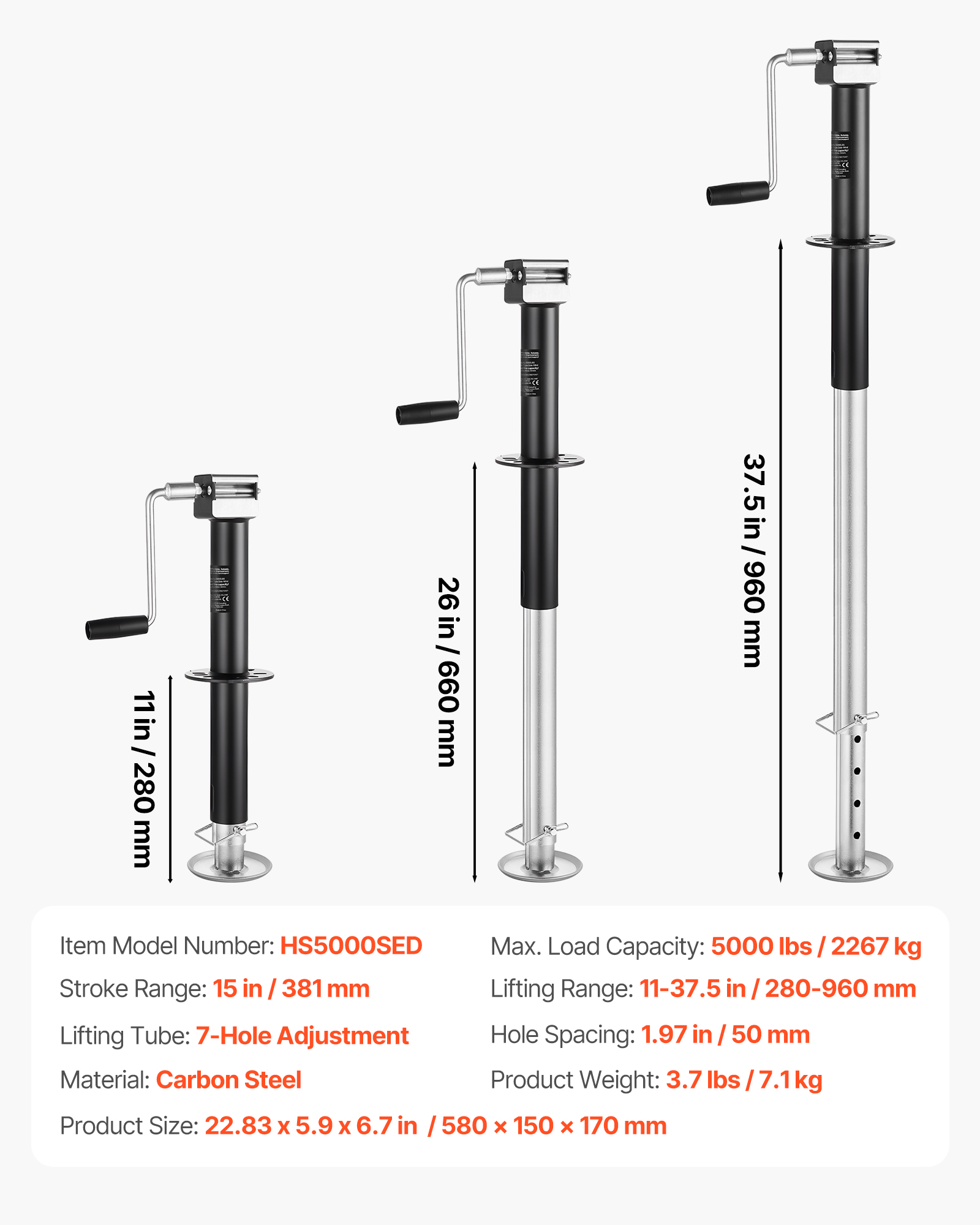 VEVOR 5000 lbs A-Frame Trailer Jack, 15-Inch Vertical Travel, Trailer Lift Jack with Adjustable 7-Level Drop Leg & Drill Socket, Cordless Drill Compatible, Suitable for RV, Utility, Yacht Trailers