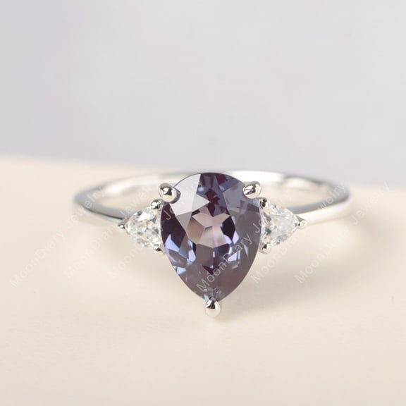 Lab Created Pear cut alexandrite engagement ring sterling silver color changing gemstone June birhtstone