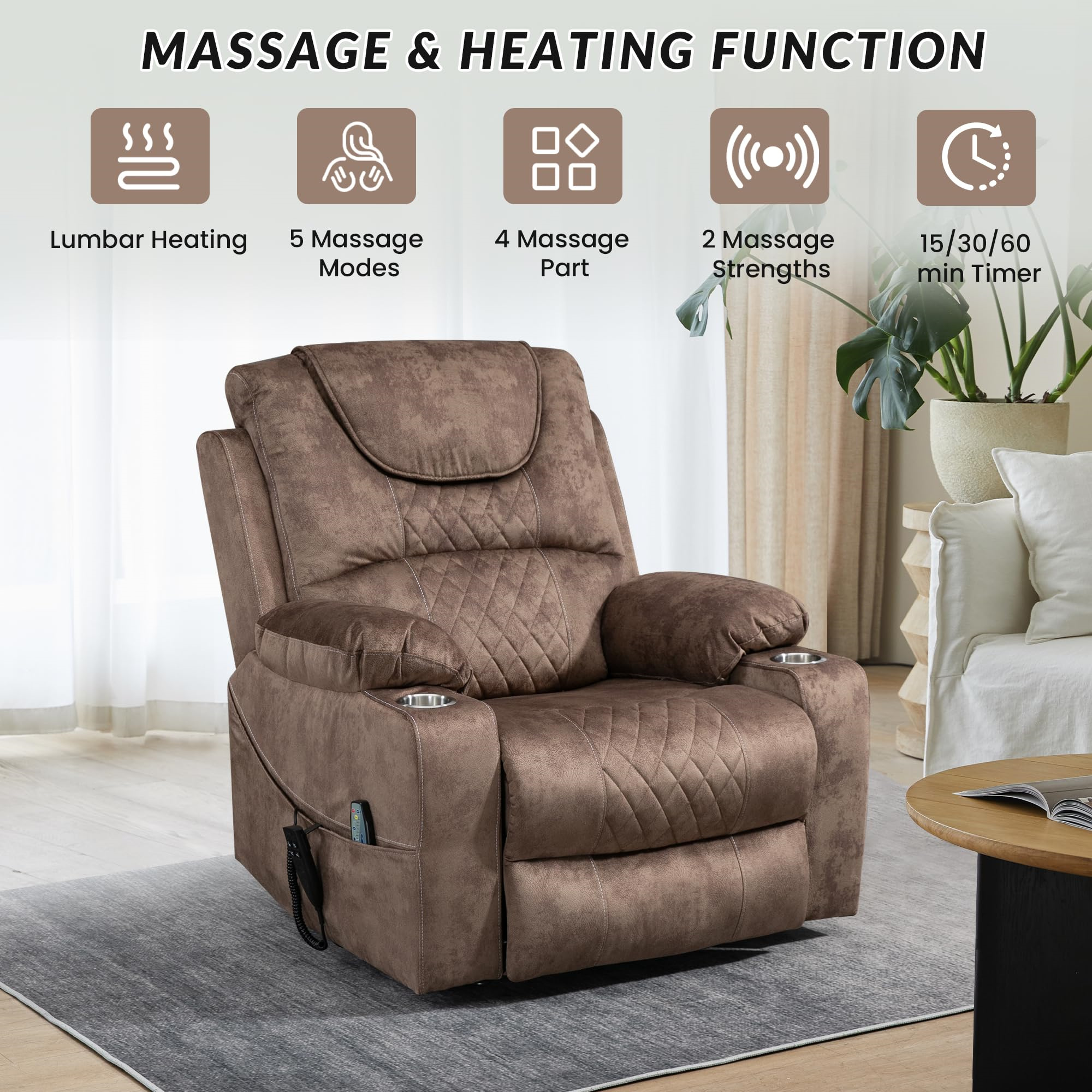 Aukfa Dual OKIN Motor Power Lift Recliner Chair for Elderly, 180° Lay Flat Electric Recliner with Massage & Heat, USB Ports, Velvet, Brown