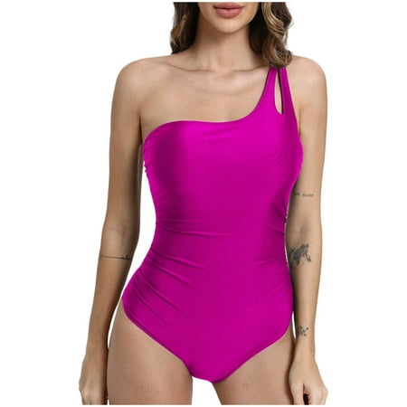 TrendVibe365 Ladies Swimsuits One Piece Hot Pink Bathing Suits Thong One Shoulder with Padded Bra Solid Swimwear Beachwear M