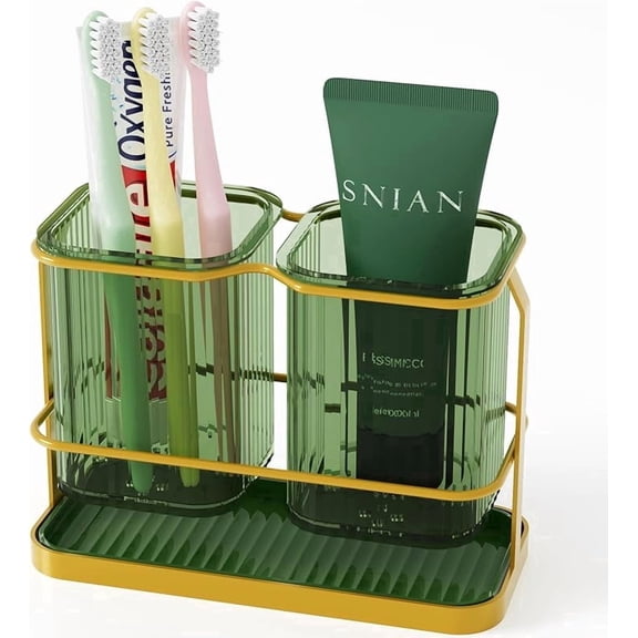 Green 2-Cup Toothbrush Holder with Drain Tray - Wall Mounted & Countertop Bathroom Organizer for Electric Toothbrush & Toothpaste with Hooks