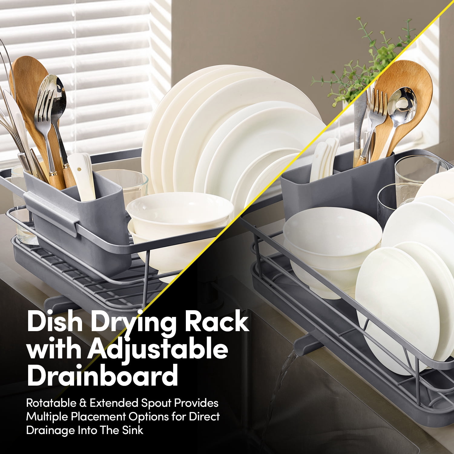 3-Piece Multi-Functional Dish Drying Rack with Drain Board & Utensil Holder, Gray