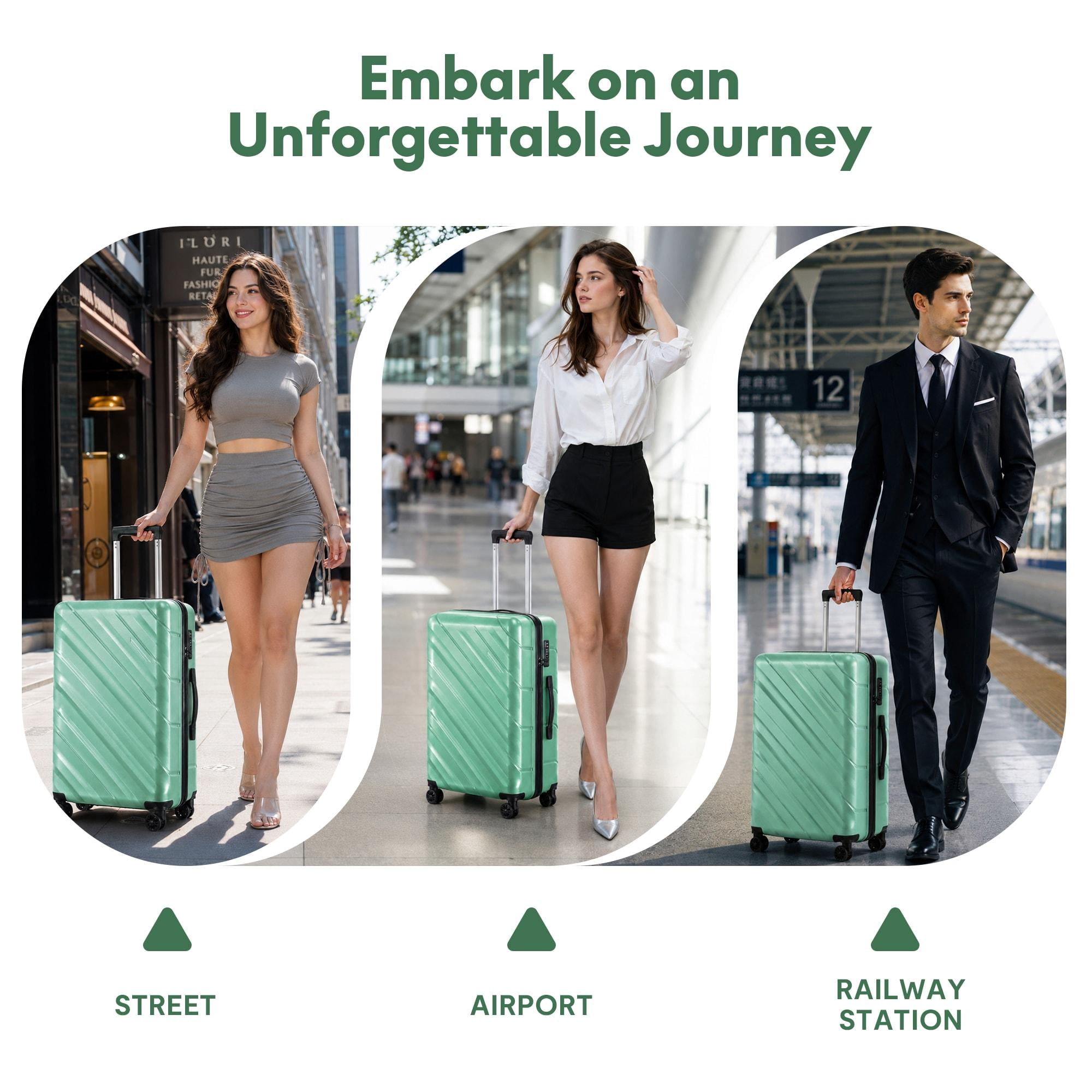 3-Piece PP Hardshell Luggage Set, Lightweight Scratch-Resistant Suitcases with Silent Spinner Wheels & TSA Lock, Jade Green