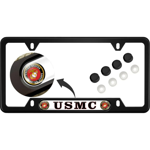 [Officially Licensed US Marine Corps Product] - USA Patriotic Anodized Aluminum Thin Top | Narrow Top Car License Plate Frame with USMC | Marines - White Insert with Free caps - Black