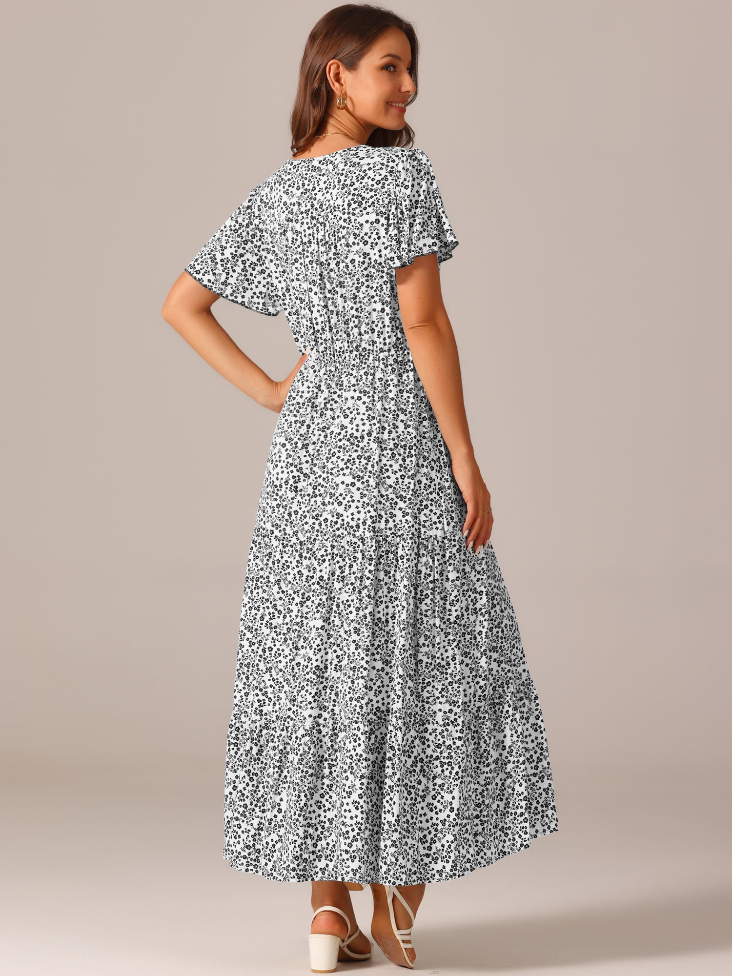 DARING DIVA Summer V Neck Split Hem Floral Maxi Dress M White