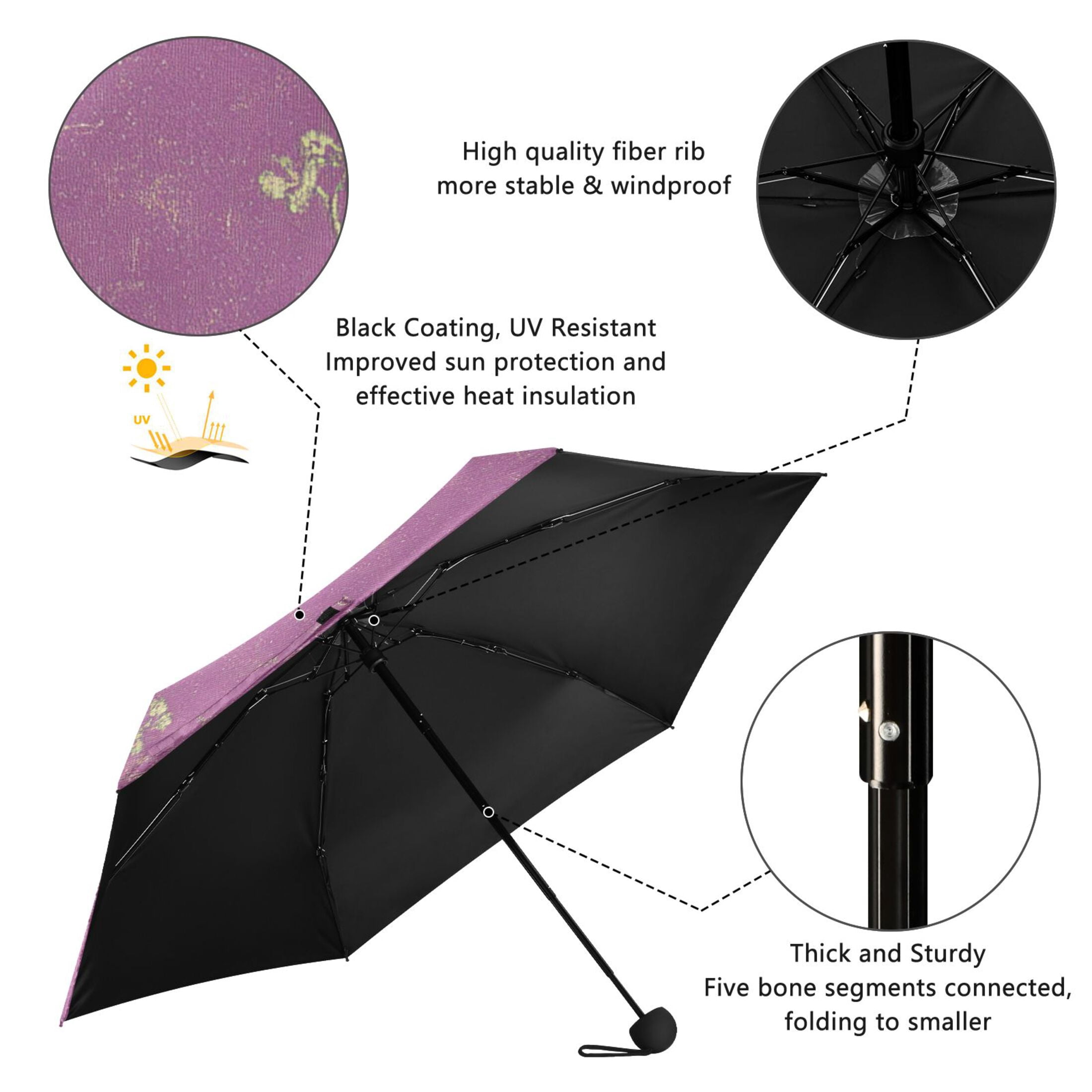 Ornate Floral Umbrellas for Sun Auto Open Close UV50+ Waterproof 5-Fold Compact Fiberglass Frame