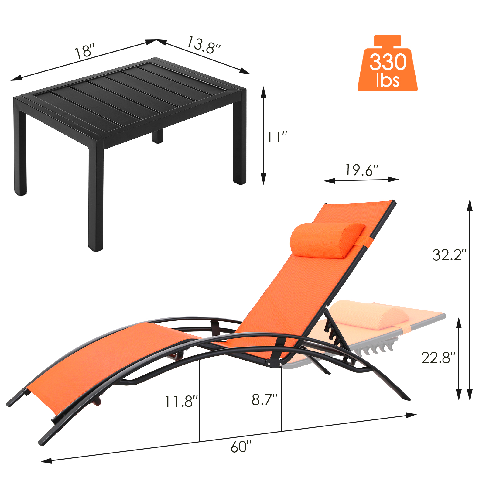 LAZY BUDDY 3pcs Outdoor Beach Pool Chaise Lounge Chairs, Sunbathing Lounger Recliner Chair with Side Table - image 3 of 8