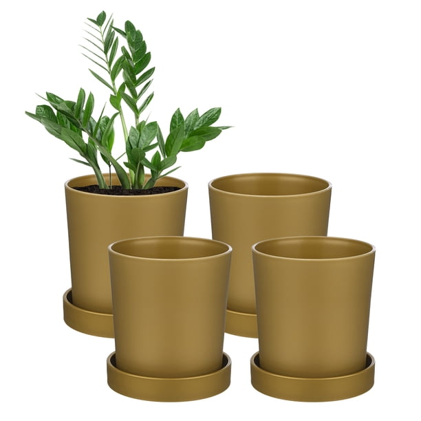 Uxcell 4 paquetes de macetas de 3.5 pulgadas, macetas de plástico con agujeros de drenaje para cactus, macetas para plantas de interior doradas