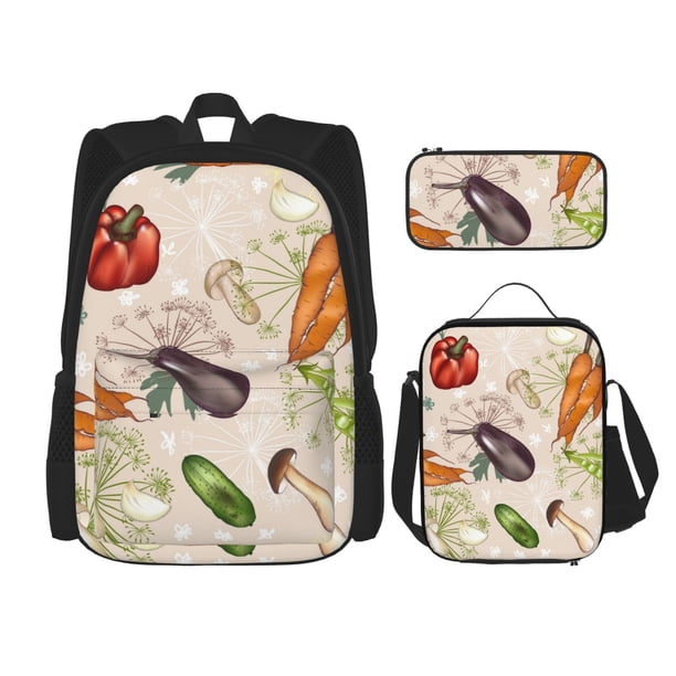 Easygdp Cute Vegetables Mochila para Niños y Niñas con Set de Caja de Almuerzo y Estuche para Lápices 3 en 1, Mochila Escolar Estampada para Adolescentes