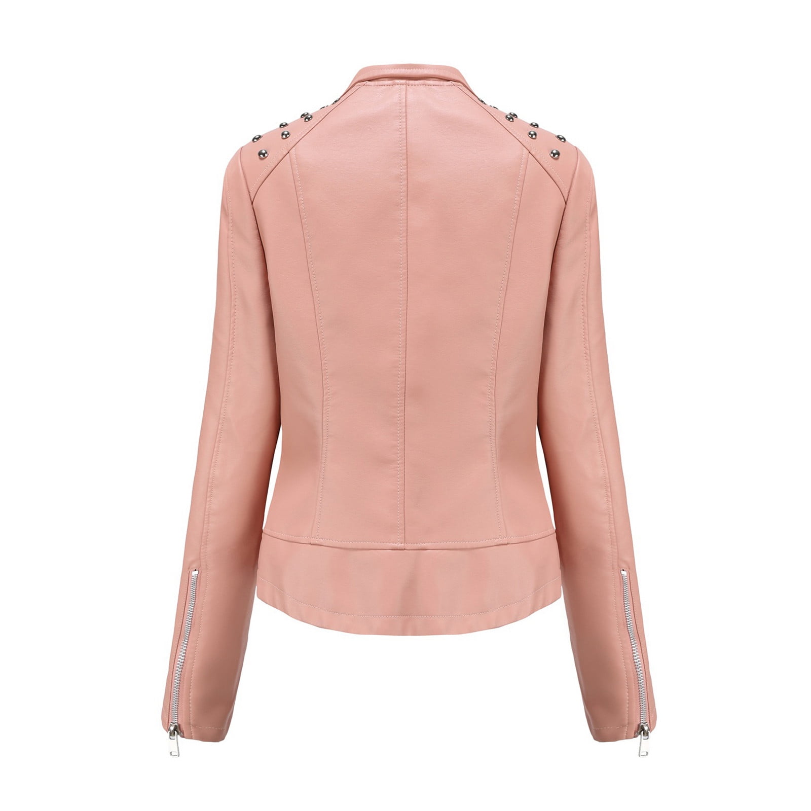 QATAINLAV Women's Casual Light Studded Shoulder Moto Biker Jackets Solid Casual Oblique Zip Faux Leather Motorcycle Coat Pink M