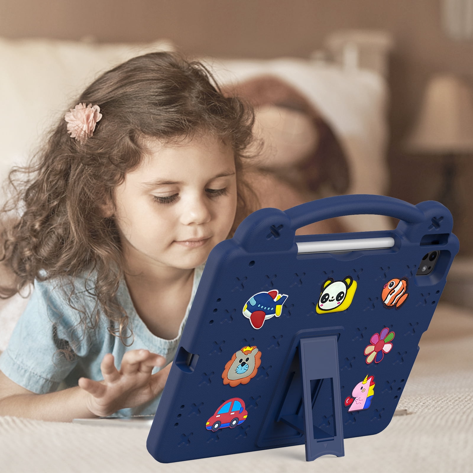 Nalacover Cartoon Handle Case for Apple iPad Air 13 inch (2024) Case, EVA Foam Cute Pattern with Pencil Holder Kickstand Cute Shockproof PC Case for Apple iPad Air 13 inch (2024), Navyblue