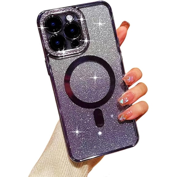 for iPhone 14 Pro Magnetic Glitter Case with Luxury Bling Rhinestone Diamond Full Camera Protector (Compatible with Magsafe) Sparkly Rhinestone Soft Bumper Protection Cover for Women(Purple)