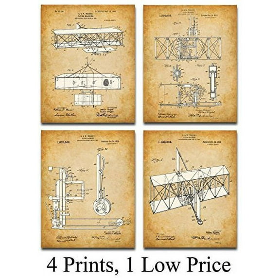 Wright Brothers Art Print - Set of Four 11x14 Unframed Art Prints - Great Gift for Pilots