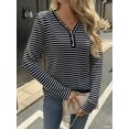 thumbnail image 4 of Women'S V-Neck Long Sleeve Striped Knit Button Shirt Autumn Casual Loose Elegant Tunic Top Black L, 4 of 9