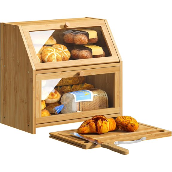 Bread Box with Cutting Board Kitchen Bread Storage Organizer Farmhouse Countertop Double Bamboo Wood Bread Box(Natural)