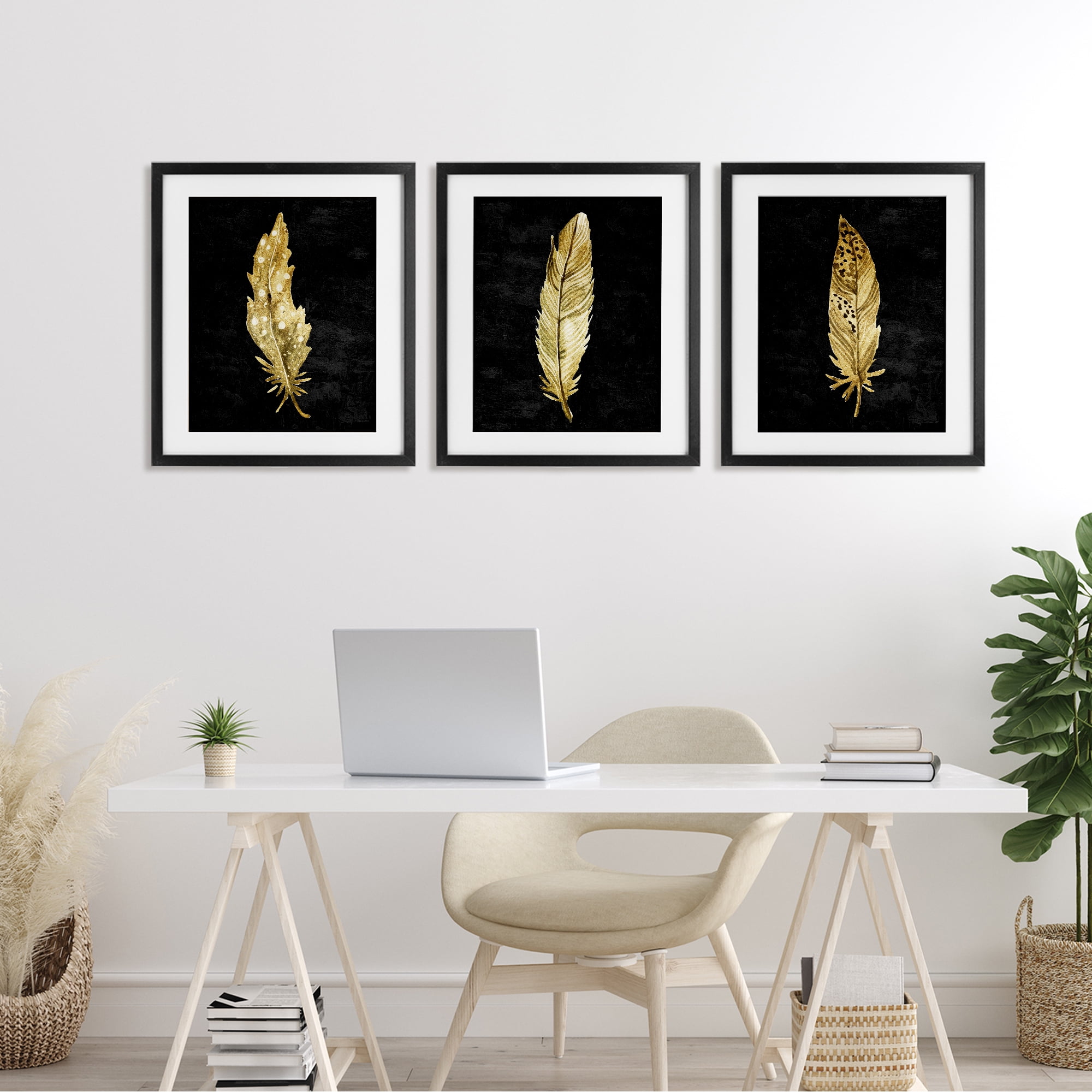 Black & Gold Feathers 3 Piece Black Framed Print Under Glass Set, design by Kim Allen