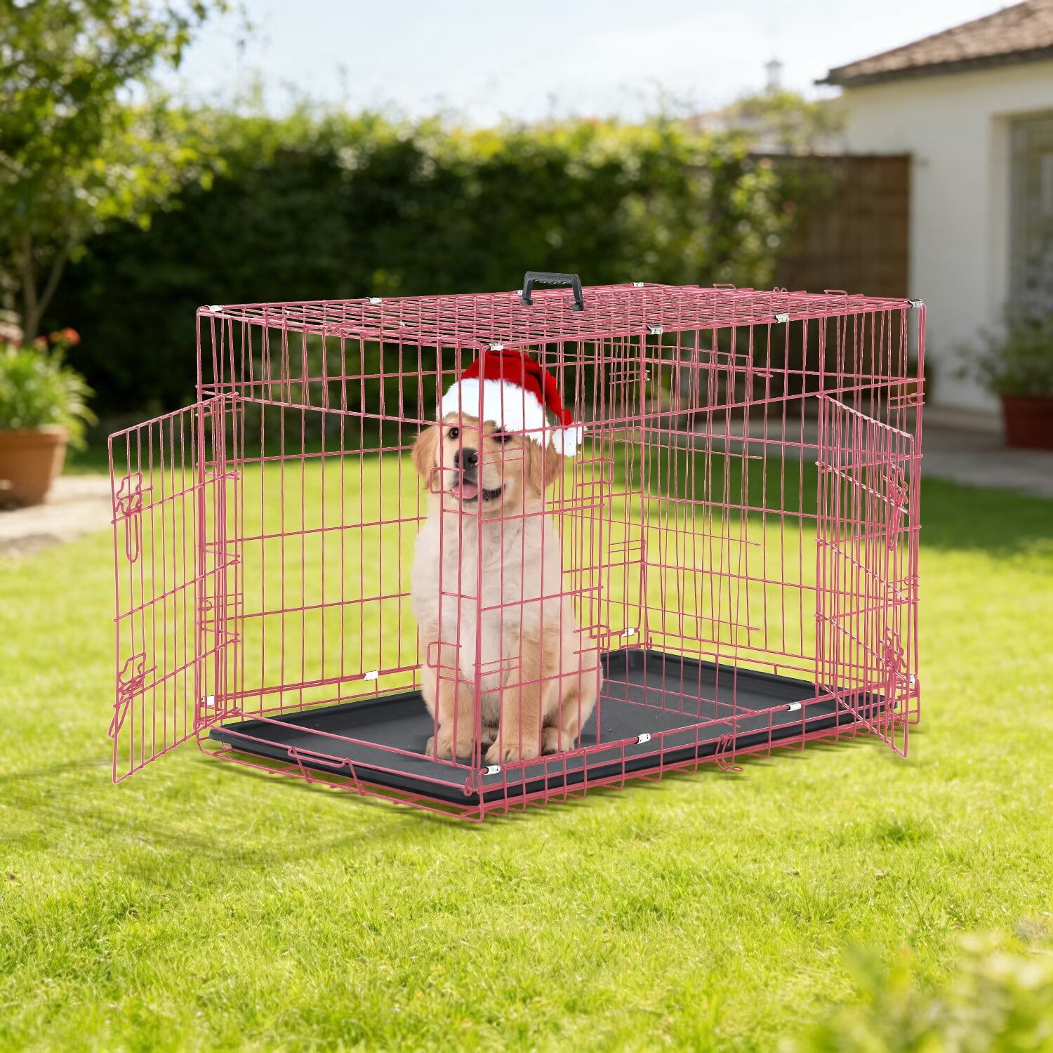 CL.HPAHKL Small Wire Dog Crate, Folding Metal Dog Kennel Double Door Dog Cage with Plastic Tray, Puppy Crate for Small Dog Indoor Outdoor Travel (Pink, 24 inch)