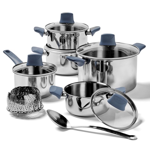 T-FAL Essentials - Juego de utensilios de cocina de acero inoxidable, 12 piezas, compatible con inducción, apto para horno 350F, juego de coci