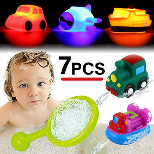 Bath Toy, Light up&Spray Water Rubber Floating Set With Fishing Net and