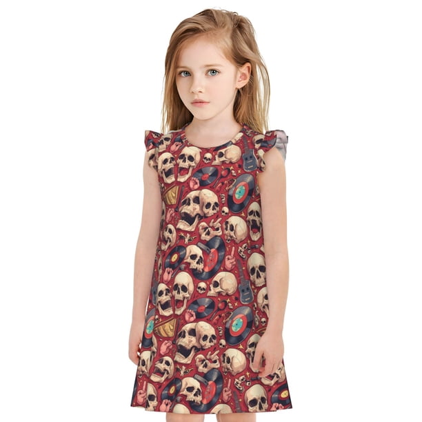Fotbe Skull record Guitar music Vestido de Dormir para Niñas de 3 a 10 Años, Mangas Cortas, Estilo Princesa, Pijama Camisón con Mangas Voladas-XX-Large