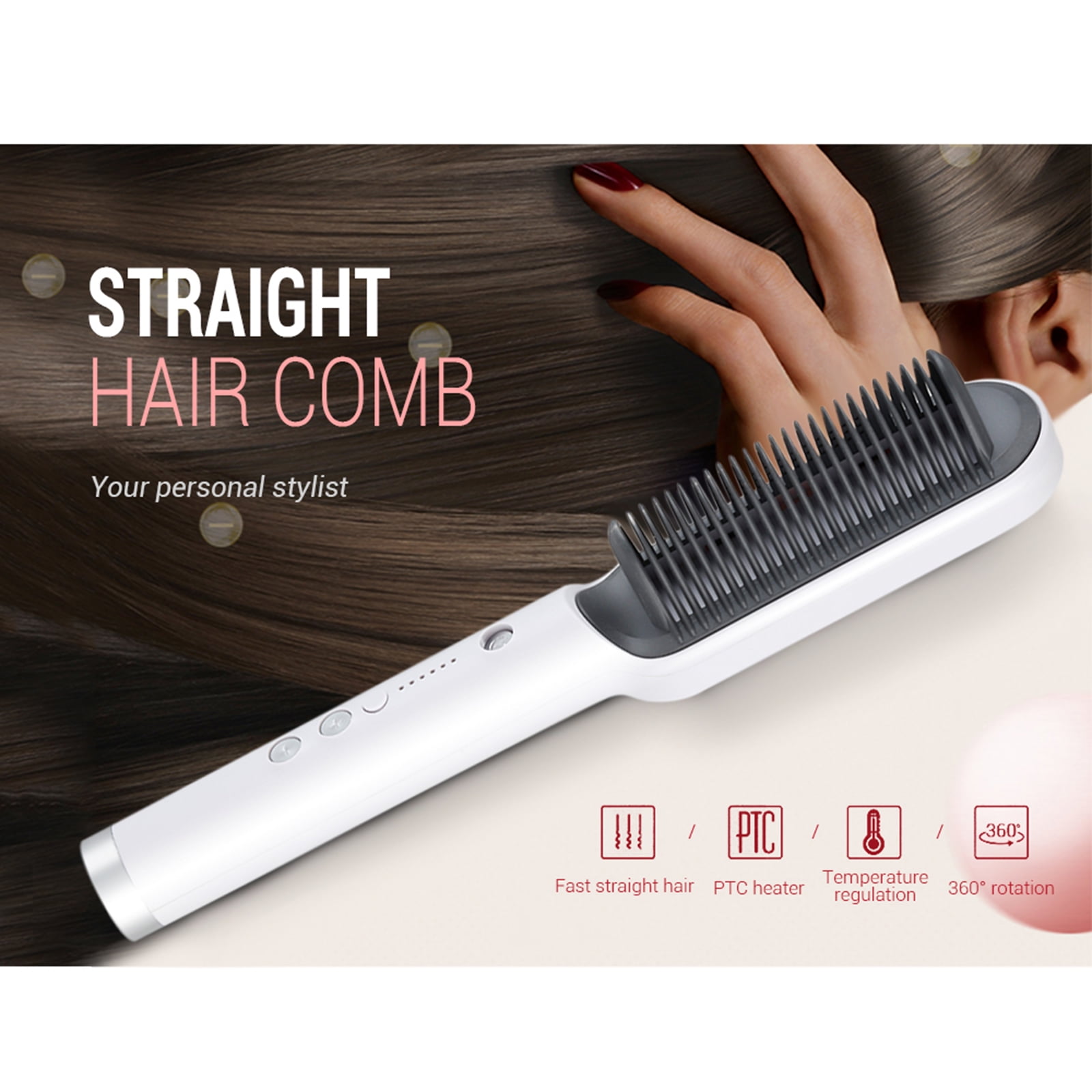 Amdohai Hair Straightener Brush for Woman Hair Styling 2 in 1 Ionic Straightening Brush Hot Curler Comb with Scald Feature 5 Temperature Levels