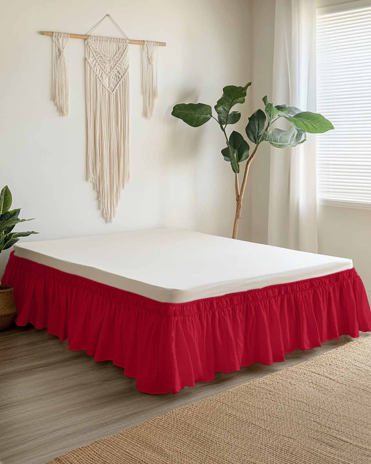 Solid Color Bed Skirt King Size 16" Drop Red Ruffled Wrap Around Bed Skirts Adjustable Elastic Bedskirt Dust Ruffle for King Size Bed