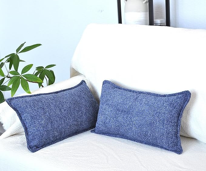 Textured Chenille Lumbar Pillow Covers Pack of 2 Navy Blue 12x20 inches , Solid Cushion Cases For Sofa Accent Chair Couch, Rectangular Small Pillowcases