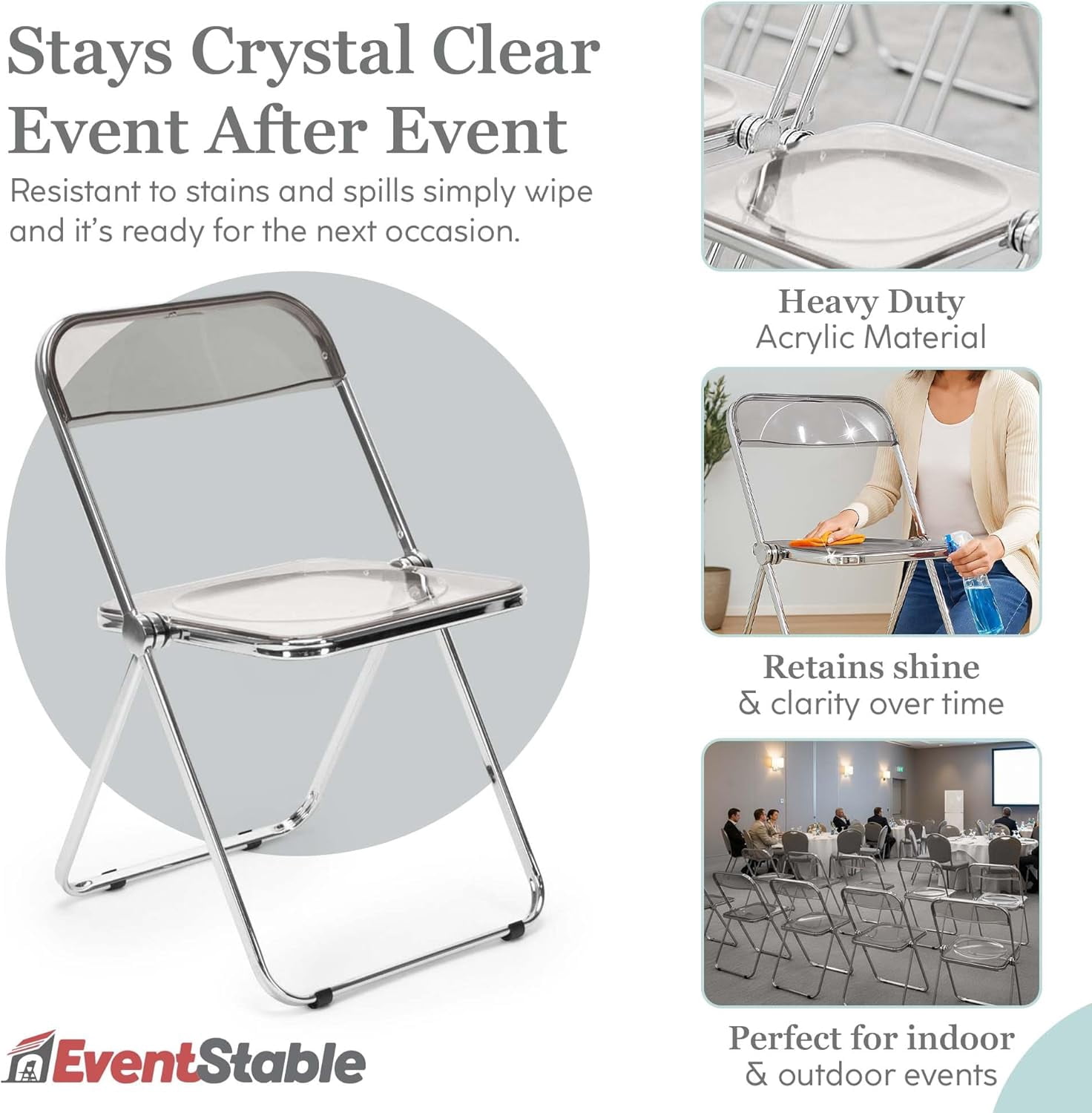 EventStable Clear Acrylic Folding Chair with Electroplate Chrome Frame, Lightweight Portable Seating Stackable Comfortable Chair for Indoor Outdoor Dining, Events & Parties - Clear - 4-Pack