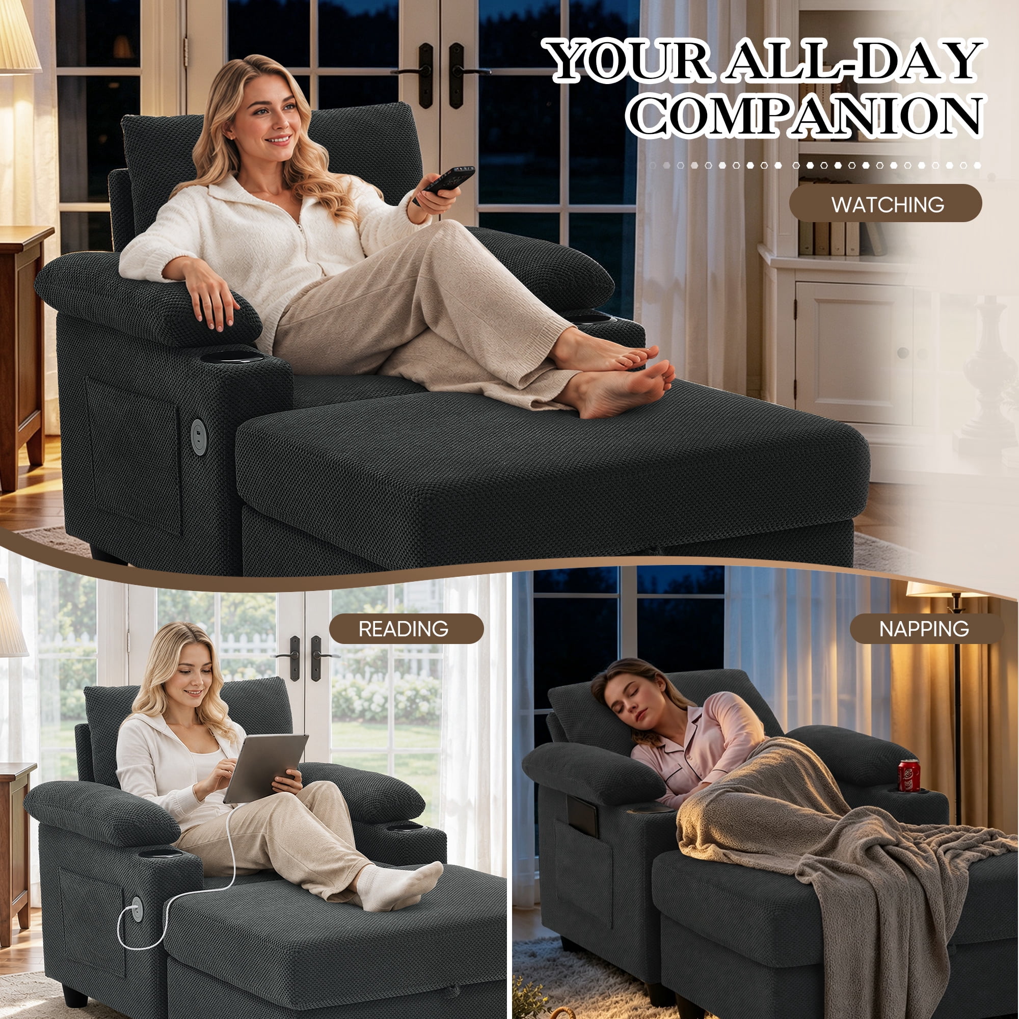Lunale Accent Chair with Storage Ottoman & Adjustable Backrest, Chaise Lounge Chair Indoor with USB, Living Room Reading Armchair, Gray