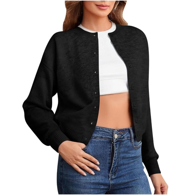 Dealovy Button down Tops for Women Casual Round Neck Long Sleeve Solid Color Drop Shoulder Loose Knitted Cardigan