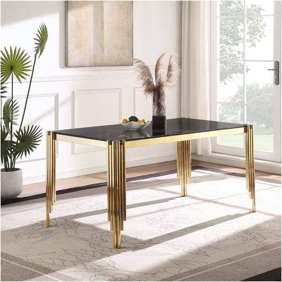 JERFIT 65 inch Gold and Black Modern Glass Dining Table, Rectangular Tempered Glass Top with Stainless Steel Legs for Kitchen Dining Room