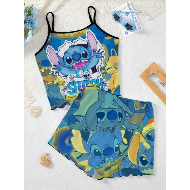 Traje de pijama de Disney para mujer, conjunto de falda corta, vestido, camiseta, Top con ribete de lechuga, Minnie Mouse, Mickey piezas, elegante