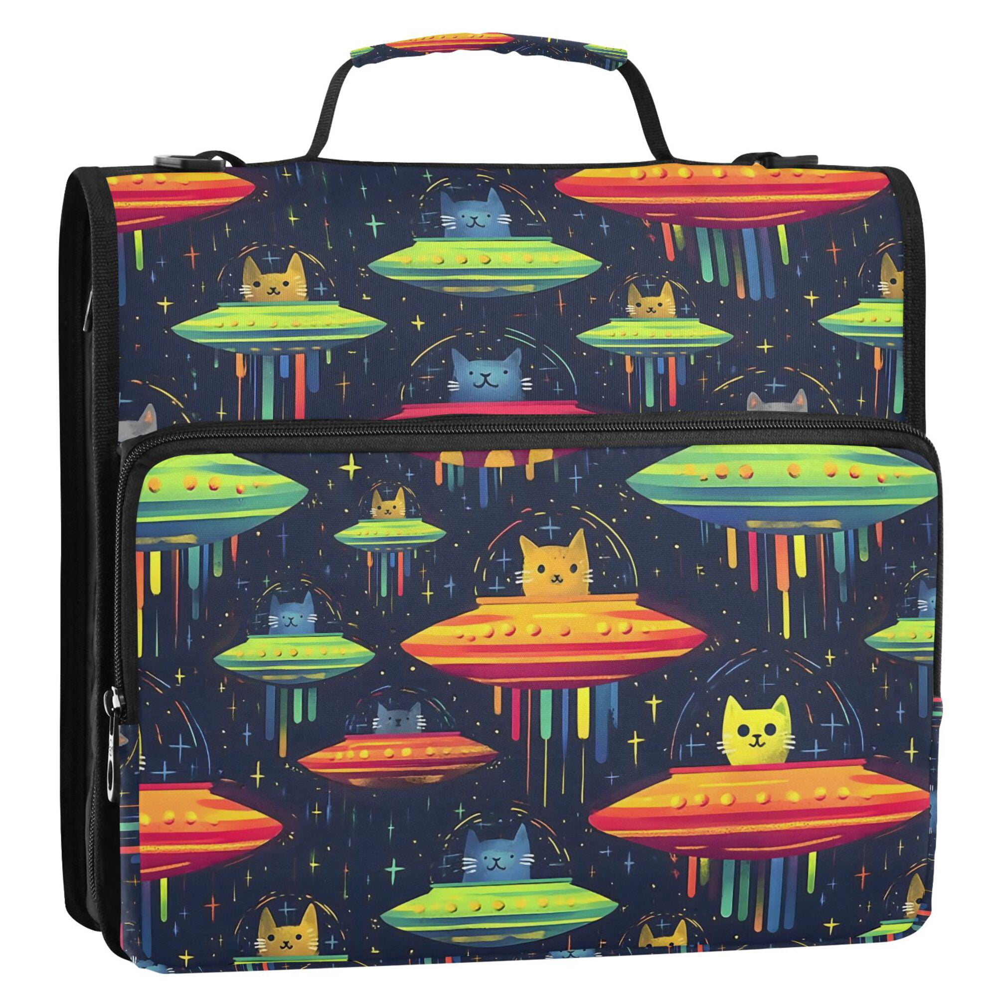 FORMRS Zipper Binder with Shoulder Strap 2-inch Ring 500 Sheet Capacity File Bag, Colorful Space Cat