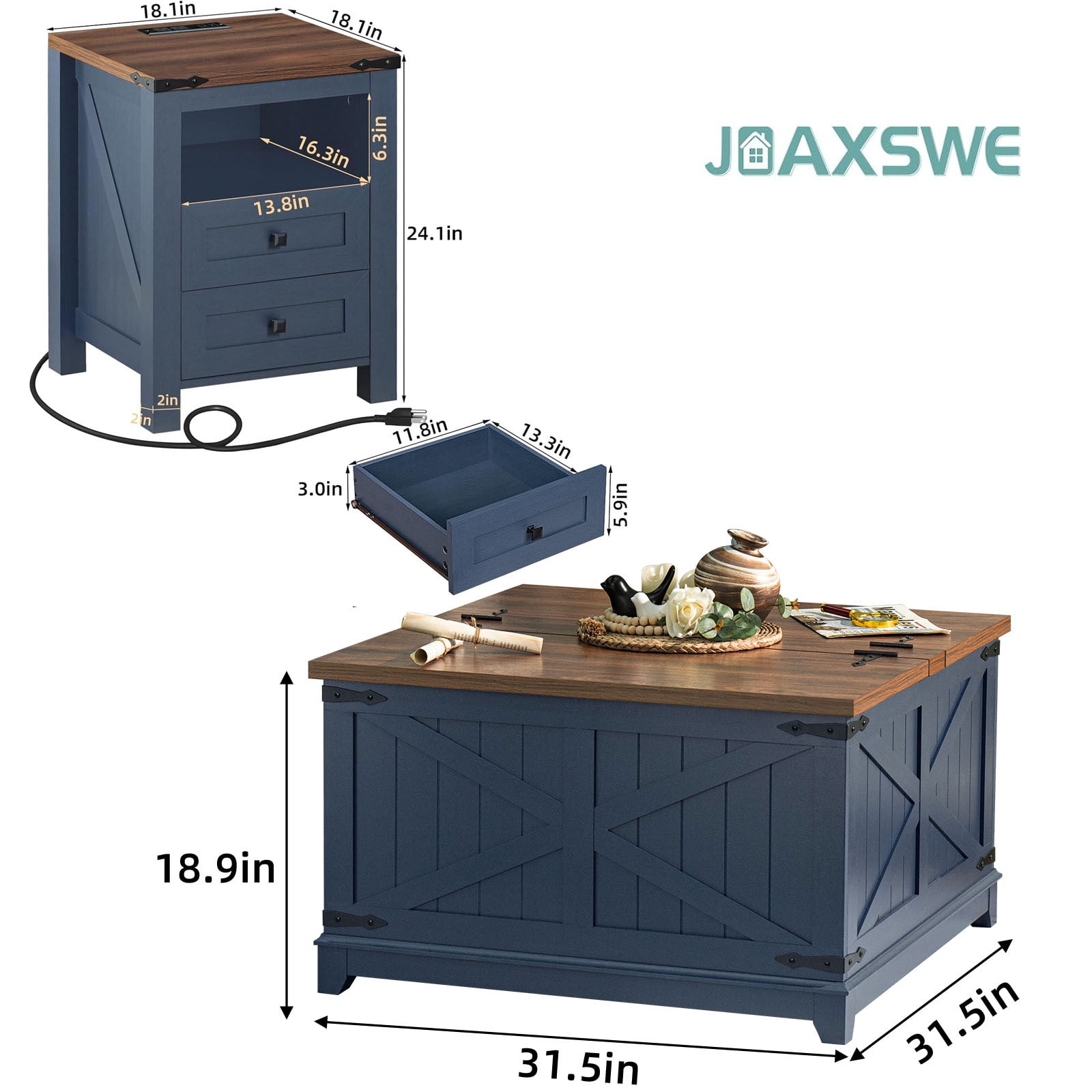 Joaxswe Farmhouse Coffee Table Sets of 3, Large End Side Tables with Charging Station & Coffee Table with Hidden Storage Space, Navy