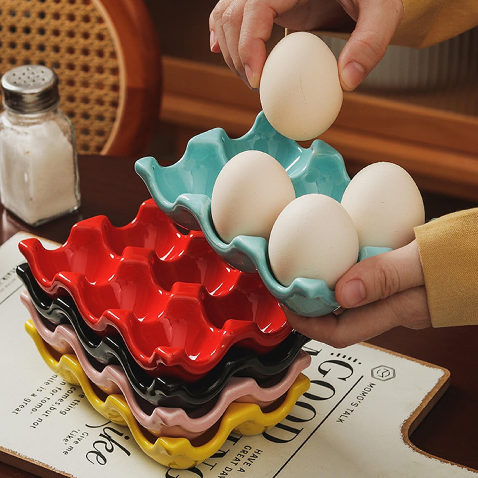 BEGHT 2Pcs Ceramic Half Dozen Egg Tray Holder for Countertop, Refrigerator, Porcelain Egg Carton Holds6 Chicken Eggs, Hard Boiled Eggs for Refrigerator Countertop Display Kitchen.