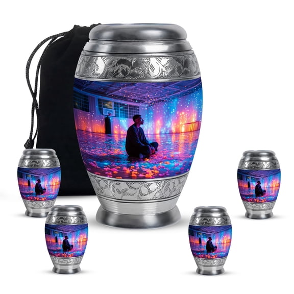 MUKTIVE Basketball Decorative Urn for Ashes Adult Male & Female, Large Blue Cremation Urns for Ashes for Women, Combo Set of Urns for Burial, Set of 5 Urn for Loved Ones, (1 Large, 4 Keepsake)