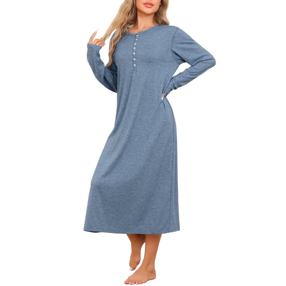DARING DIVA Women's Long Sleeve Long Soft Button Down Nightshirt XS Blue