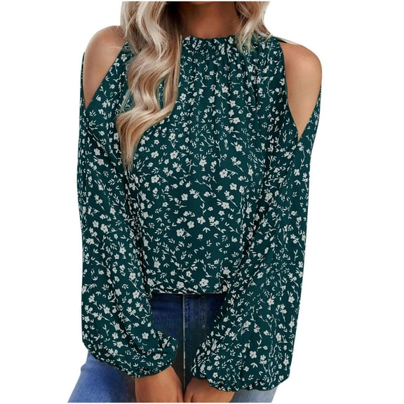 LEAVINGSUO Long Sleeve Shirts for Women, Fall Womens Tops Womens Summer Casual Floral Printing Round Neck Long Sleeve Off Shoulder Tops Loose Blouses