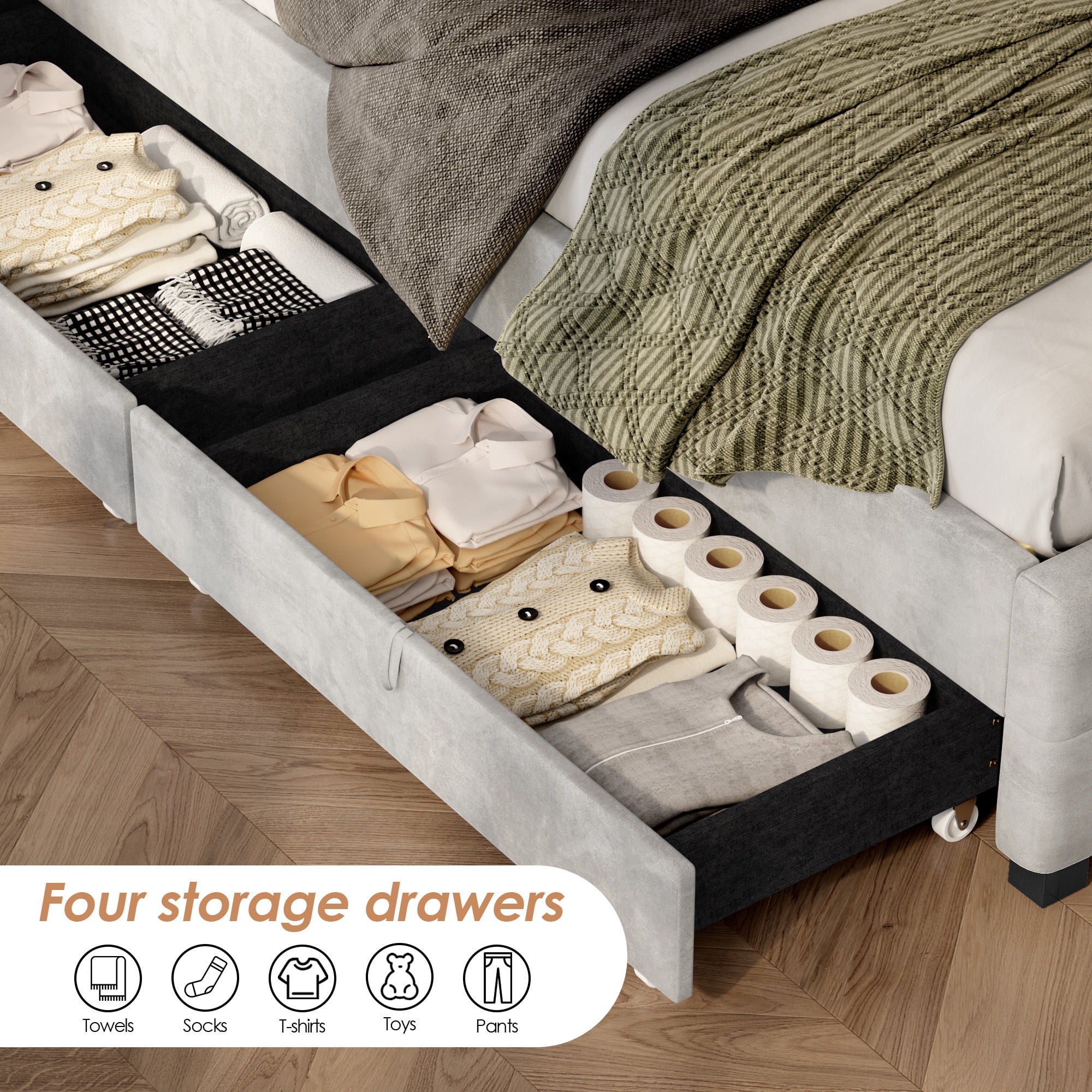 Full Size Upholstered Platform Bed with 4 Drawers and LED Lights, No Box Spring Needed, Gray