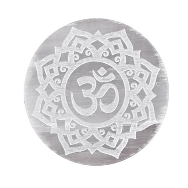 Selenite Charging Plate, Flower of Life with OM Engraved Crystal Charging Plate - 3" Inches