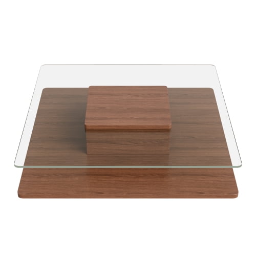 31.5" Square Coffee Table with Clear Tempered Glass Top and Storage Shelf, Walnut