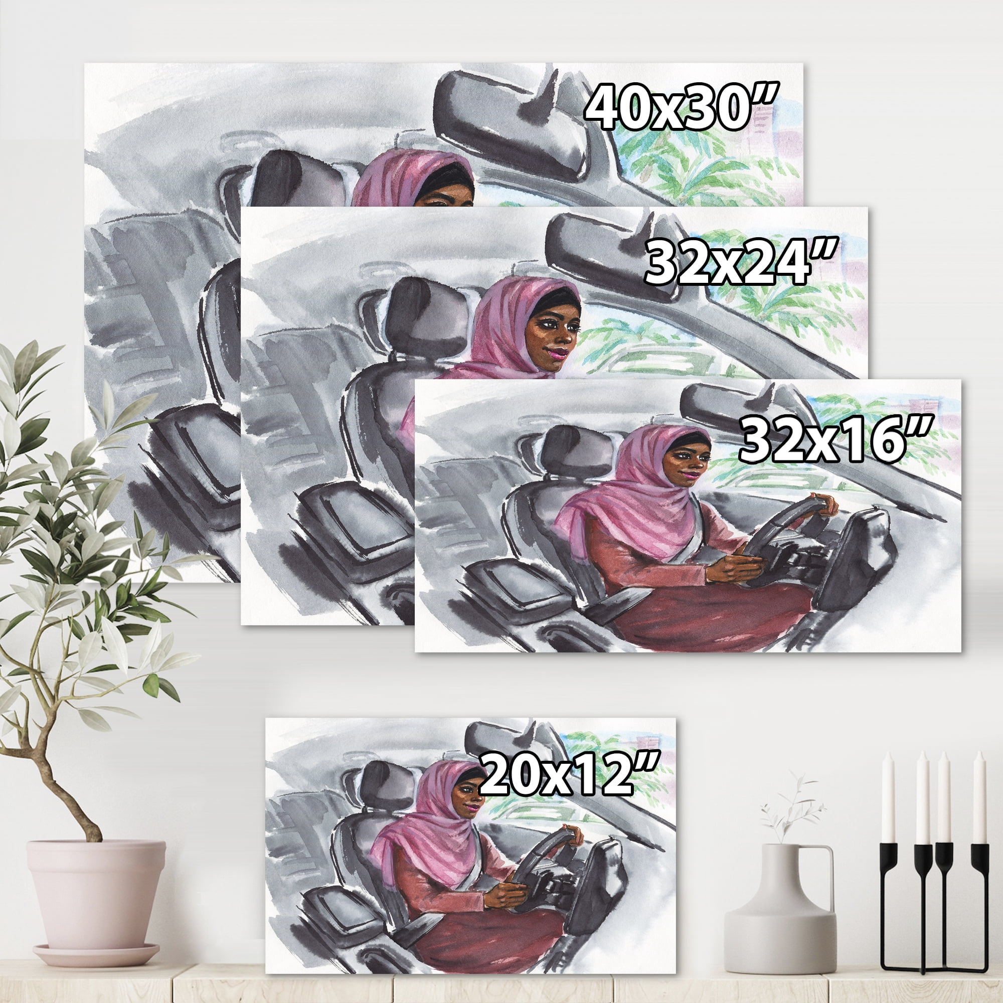 Designart ' Arabian Lady Driving A Car III ' Modern Canvas Wall Art Print
