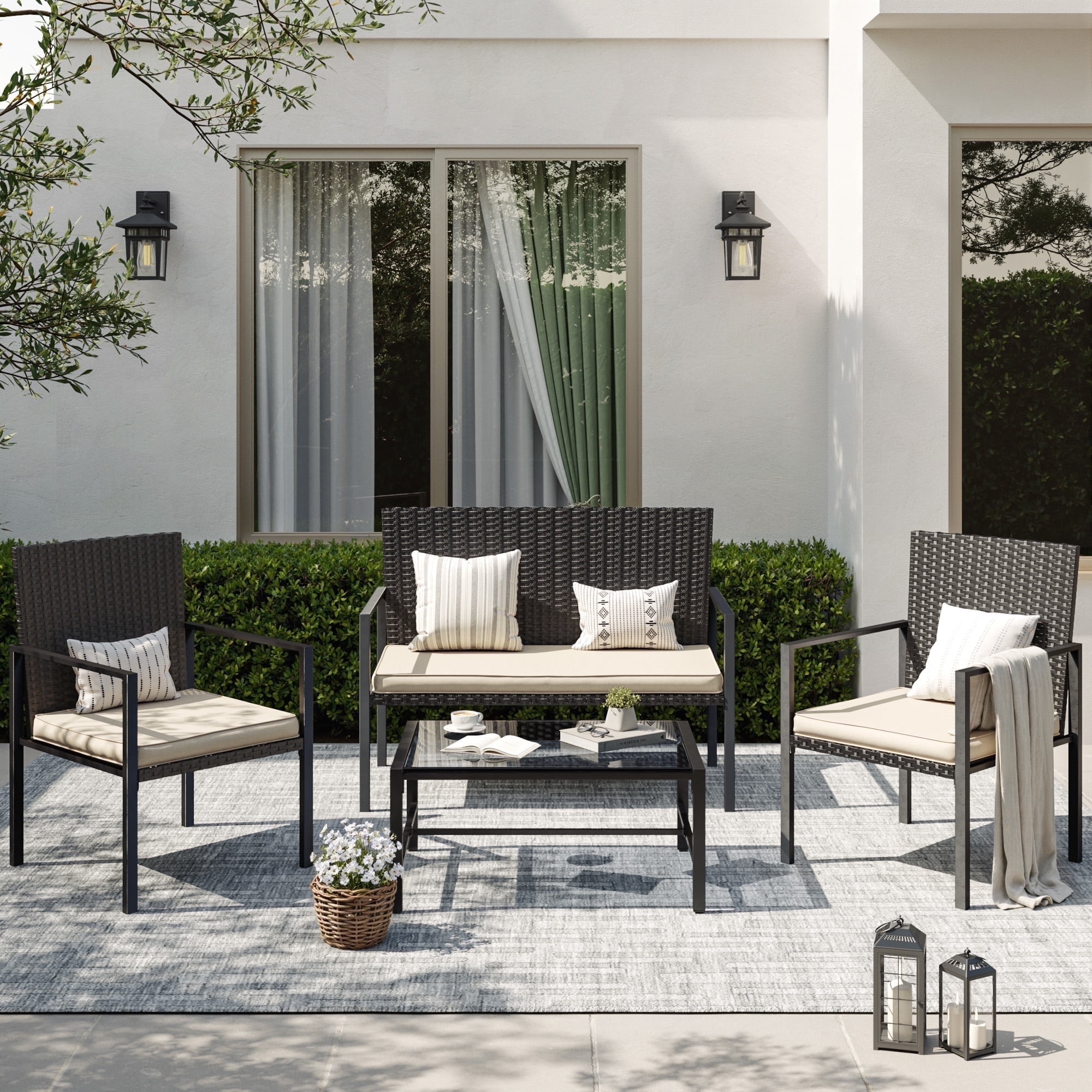 ELPOSUN Patio Furniture Sets for 4, 4 Pieces Patio Comversation Set with Glass Coffee Table,for Backyard Balcony Lawn Pool,Black/Beige