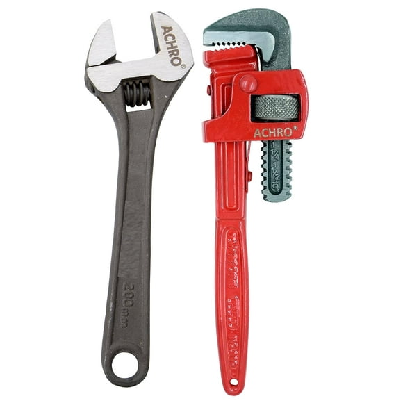 10-Inch Heavy Duty Pipe Wrench & 8-Inch Adjustable Wrench, Open End - Pack Of 2 | Alloy Steel, Soft Grip, Big Pipes, Taps, Pipe Fittings | Adjustable Wrenches Use, Easy-To-Turn Wrench