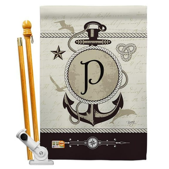 Breeze Decor BD-NA-HS-130198-IP-BO-D-US14-BD 28 x 40 in. Nautical P Initial Coastal Impressions Decorative Vertical Double Sided House Flag Set & Pole Bracket Hardware