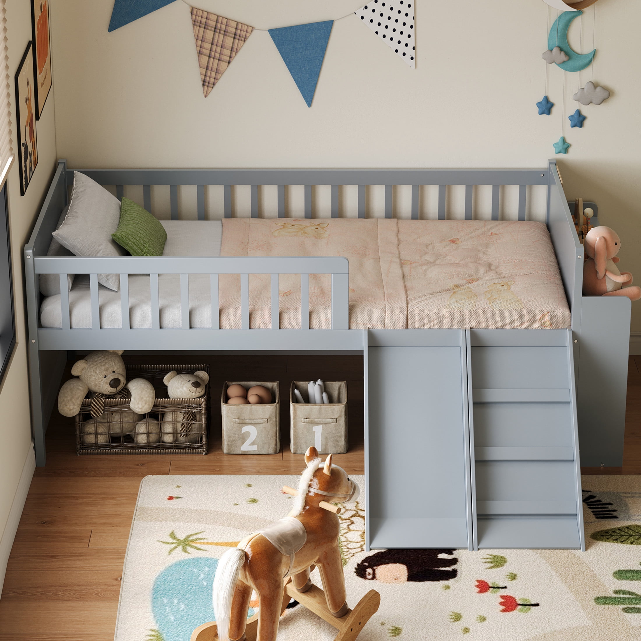 Noble House Twin Bed Frame with Storage Shelf, Platform Bed with Slide and Guardrail, Gray