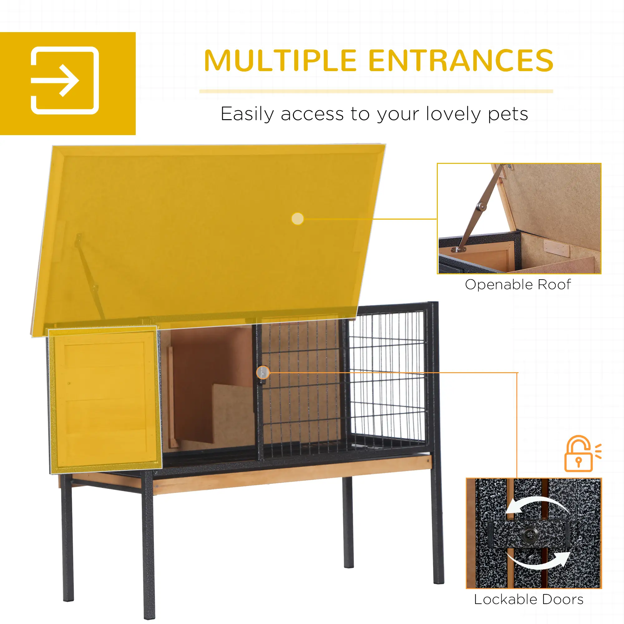 Pefilos 36" Wooden Rabbit Hutch with Metal Frame, No Leak Tray, Mtetal Wire Pan and Openable Water, Guinea Pig House for Indoor Bunny Cage, Beige