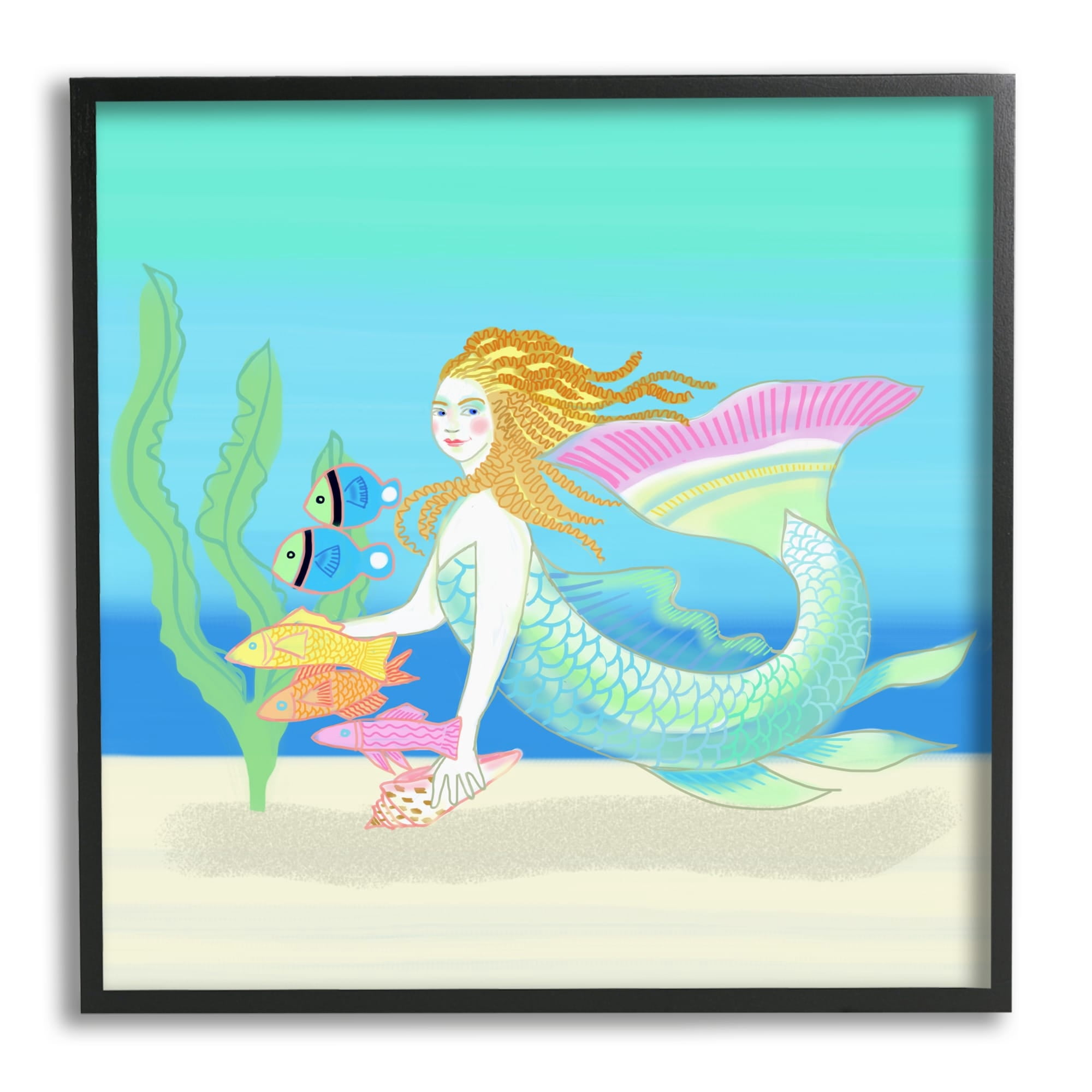 Stupell Industries Underwater Mermaid & Fish Swimming Ocean Seaweed Graphic Art Black Framed Art Print Wall Art, Design by unknown