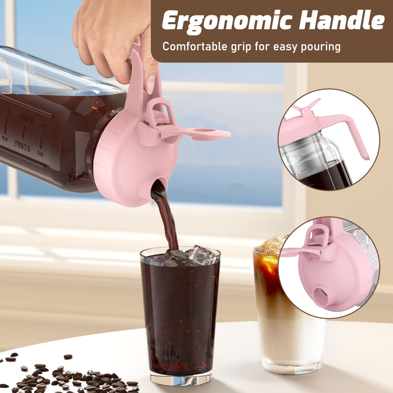 VA1KENE Cold Brew Coffee Pitcher 64oz Cold Brew Maker with Stainless Steel Filter Mason Jar Pitcher Pour Spout Handle Lid for Iced Coffee Tea Lemonade Pink