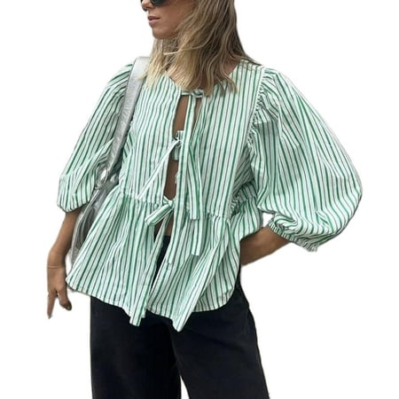 Women Y2K Peplum Tops Puff Short Sleeve Lace Up Tie Open Front Ruffle Hem Blouse Shirt Summer Going Out Cute Babydoll Tops